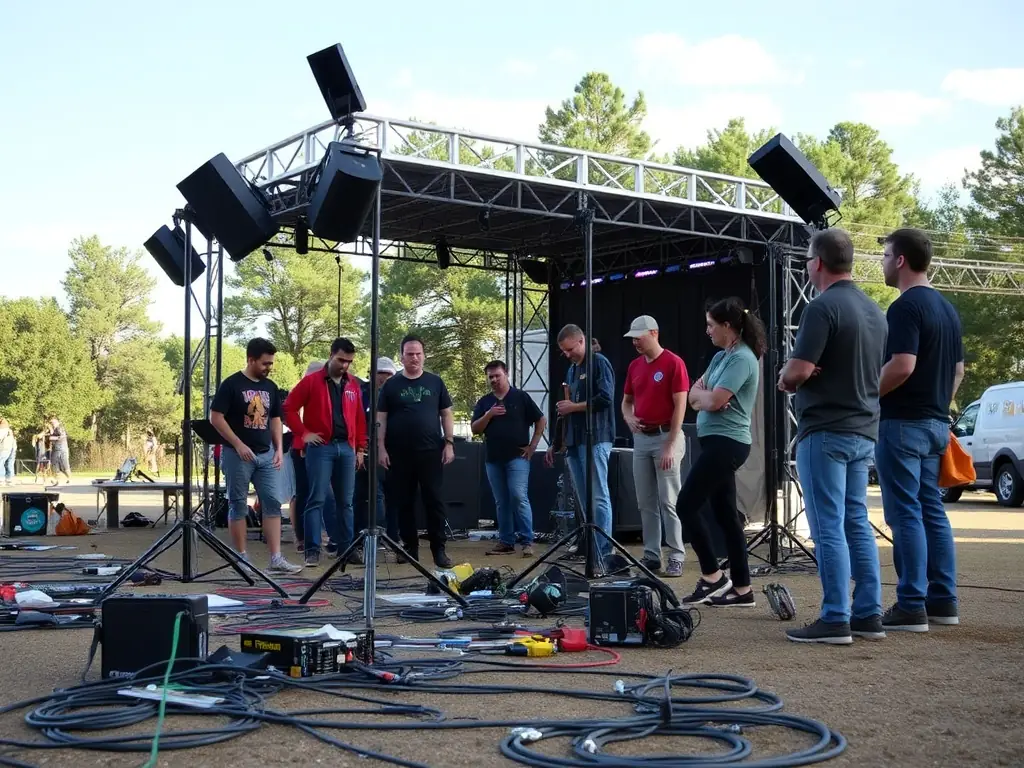 A photograph capturing a diverse group of volunteers setting up stage equipment before a live performance, showcasing the technical support provided by VERY GOOD VIBES.