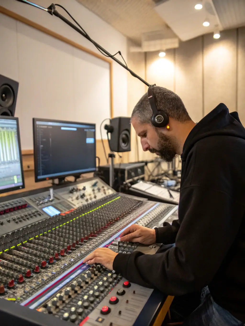 A photograph of a Very Good Vibes team member providing sound engineering services at a cultural event, emphasizing the professional support offered by the organization.