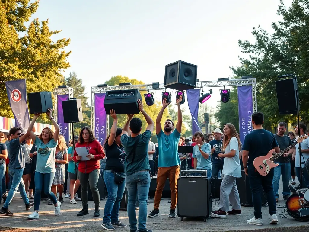 An image of a diverse group of volunteers working together to set up an outdoor performance space, demonstrating community involvement and collaboration.