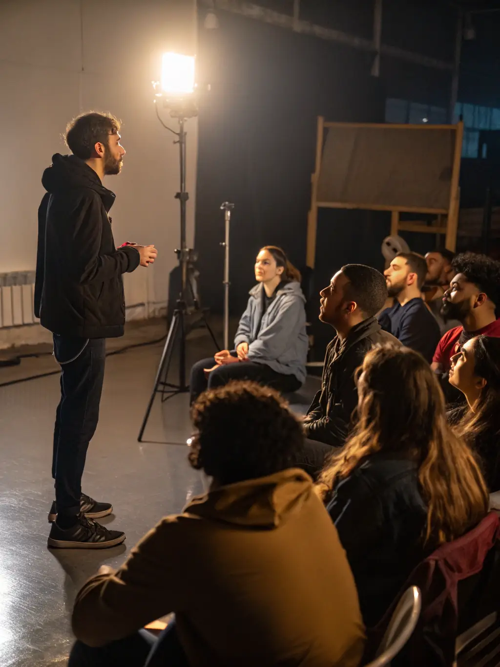 A photo of a community workshop facilitated by Very Good Vibes, where participants are actively engaged in learning about stage lighting and sound techniques.