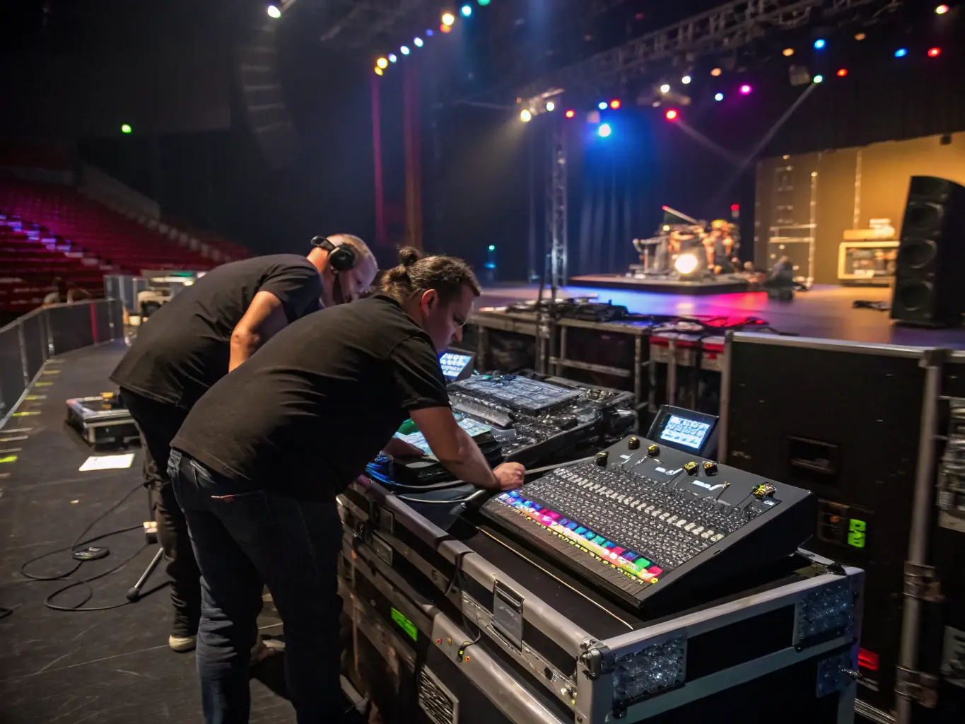 A photo of a technical support team from VERY GOOD VIBES setting up equipment for a live performance, ensuring high-quality sound and lighting.