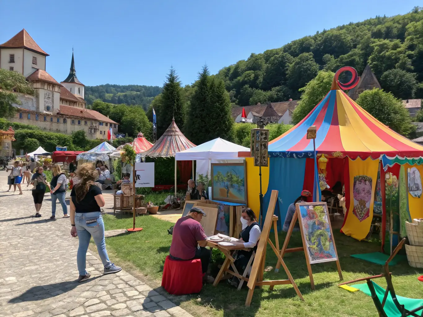A vibrant image showcasing a community arts festival supported by VERY GOOD VIBES, with diverse performers and enthusiastic attendees.