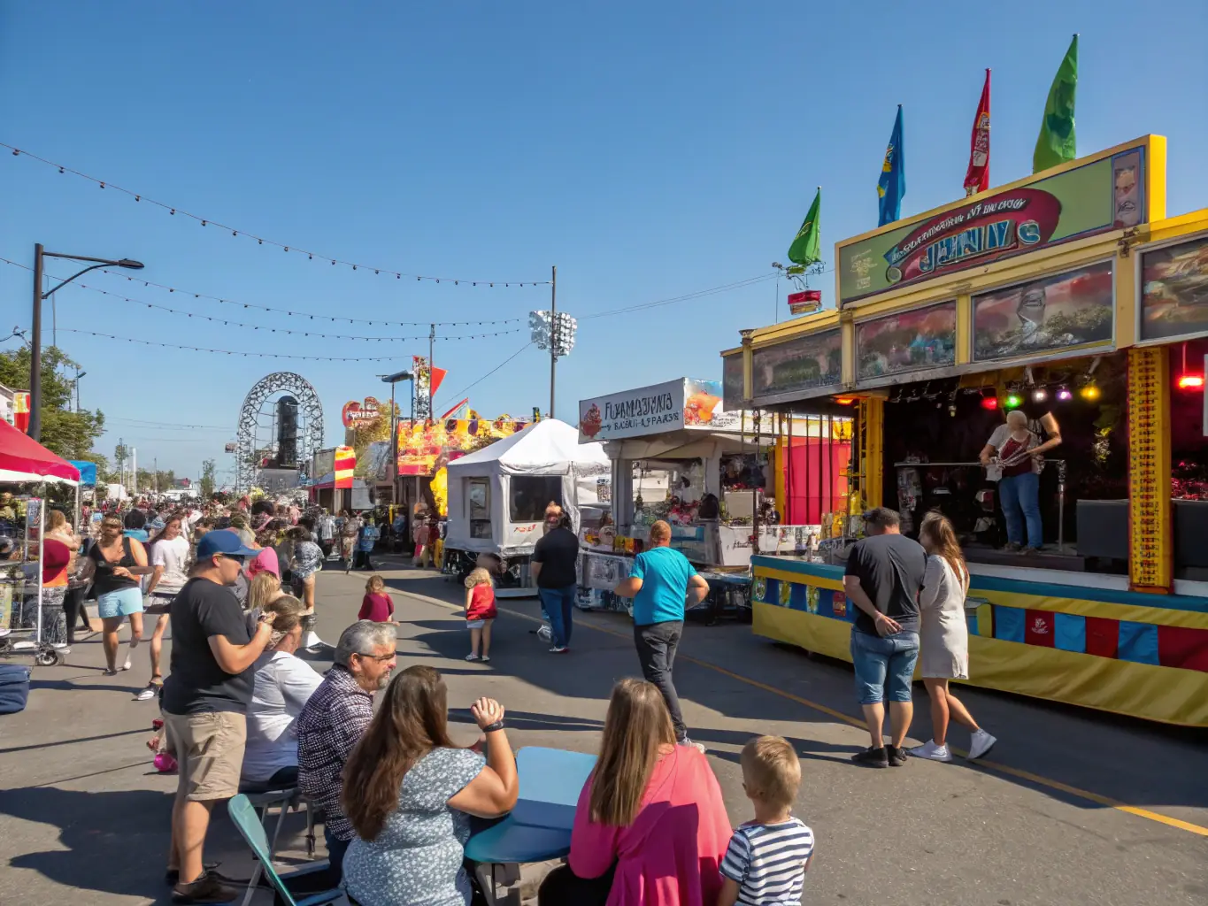 A photograph of a vibrant outdoor community event organized by VERY GOOD VIBES, featuring live music, food stalls, and families enjoying the festivities.